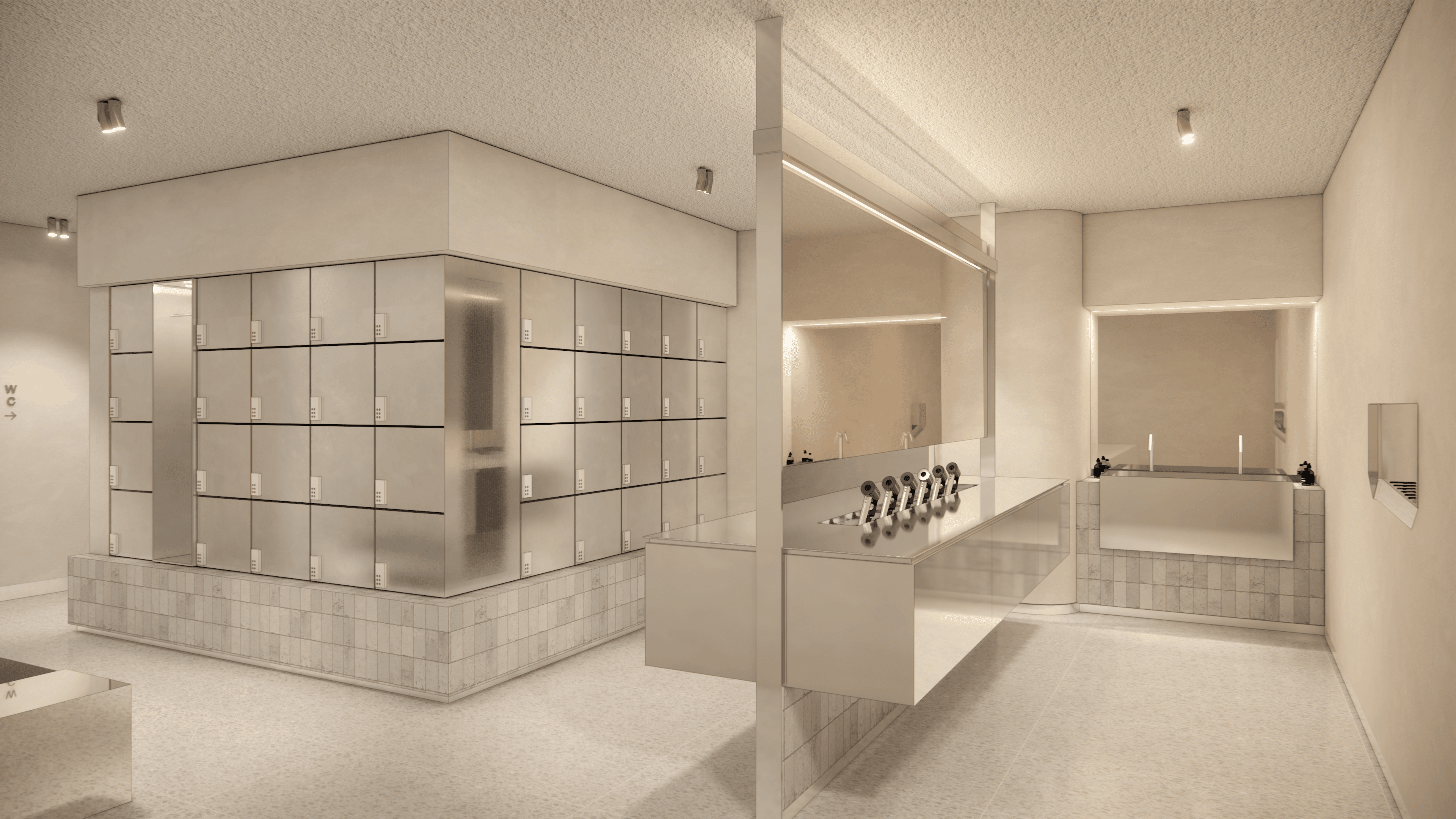 A gym bathroom with lockers and dyson hair appliances