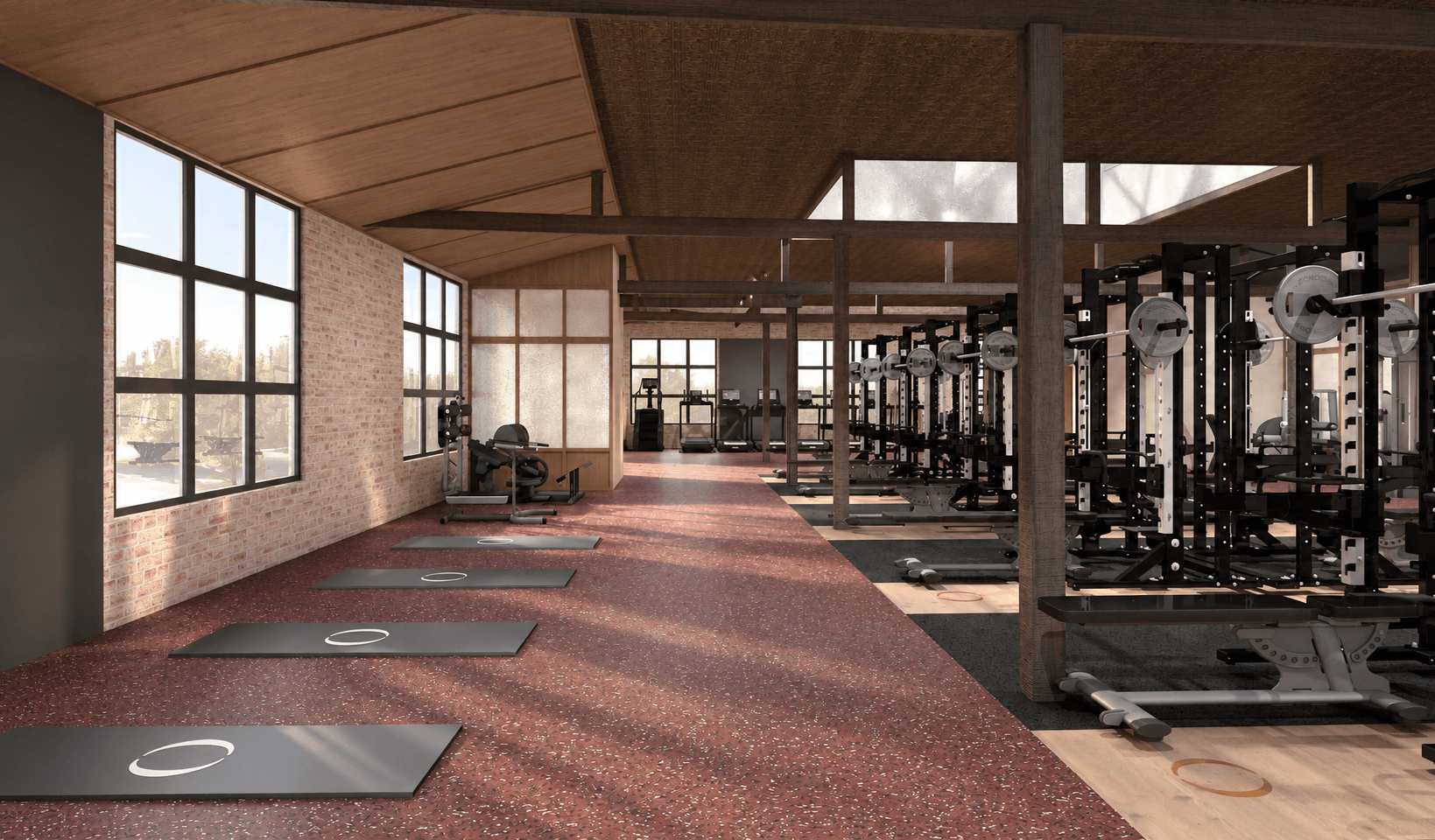 Gym floor with lifting platforms and stretching area